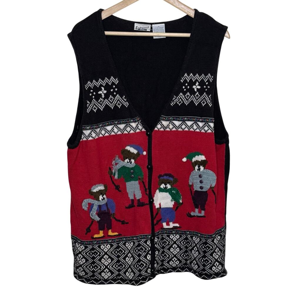 Christmas Sweater Vest Vintage Skiing Teddie Bears Ribbon Trim Plus Size 2X